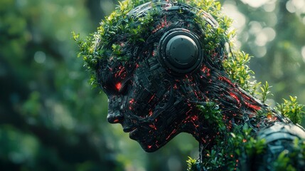 Biomechanical head, overgrown with vegetation, red glowing circuits, wearing headphones