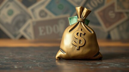 Golden Money Bag on Wooden Table.