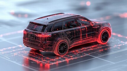 A digital rendering of a sleek SUV, its chassis outlined in glowing red lines against a technical blueprint backdrop
