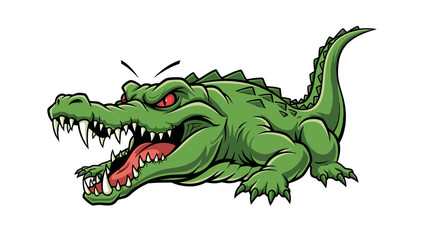 Animated Green Crocodile Illustration with Menacing Red Eyes and Open Jaws, Suitable for Children's Books, Educational Materials, and Wildlife Conservation Campaigns