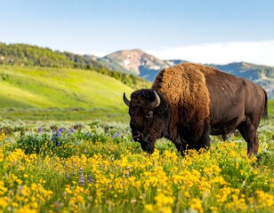 Bison grazing in a meadow of wildflowers, mountains in background