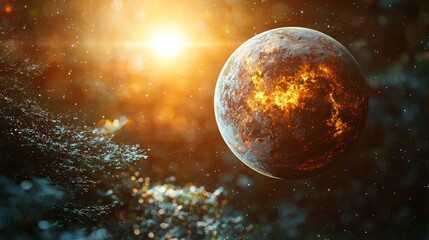 Fiery planet amidst cosmic flora, bathed in sunlight