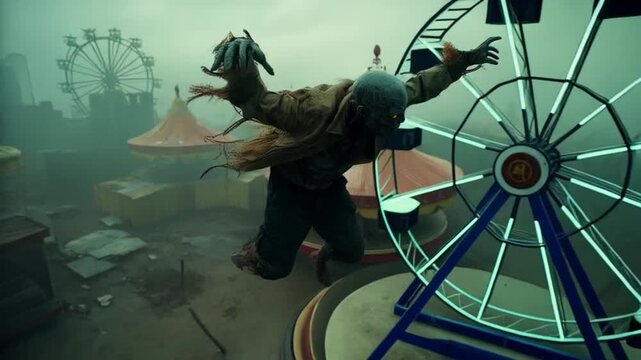 A zombie figure leaping with arms outstretched in a foggy, dilapidated amusement park scene view halloween zombie video