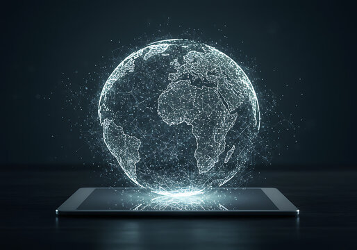 A digital globe hologram floating above a tablet, showcasing technology and global connection.