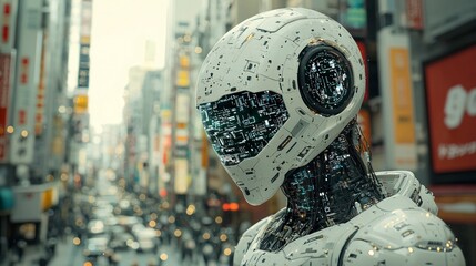 Futuristic robot amidst bustling cityscape