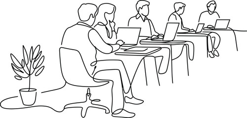 Office teamwork concept, people working on laptops, business meeting illustration, modern workplace collaboration, creative team discussion, continuous line drawing