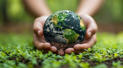 Hands gently cradling a miniature Earth, nestled in soil amidst lush greenery
