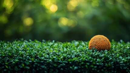 Orange sphere rests on lush green hedge, blurred green background