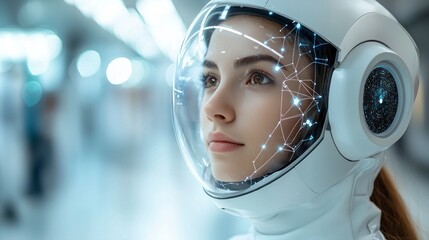 Woman in futuristic helmet, digital overlay