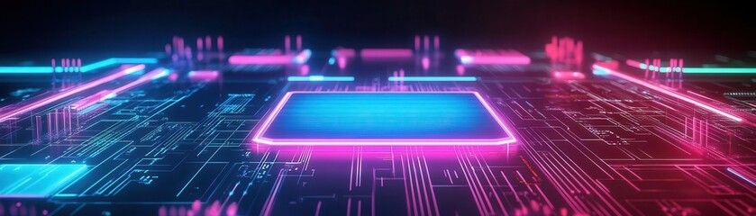 Futuristic digital technology background with glowing neon grid and circuit lines representing advanced electronic systems and digital innovation, abstract science backdrop