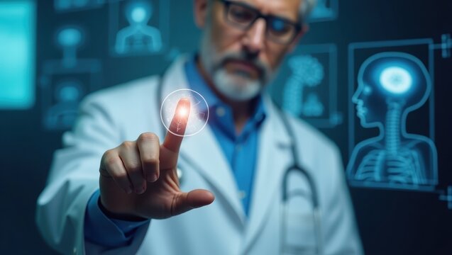 A medical professional interacts with a holographic fingerprint overlay, examining a digital medical record.