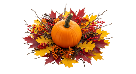 A pumpkin surrounded by autumn leaves, berries, and twigs arranged in a circular pattern for decoration