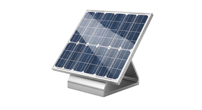 A close up of a solar panel with a metal stand on a plain surface with a slight shadow effect below it