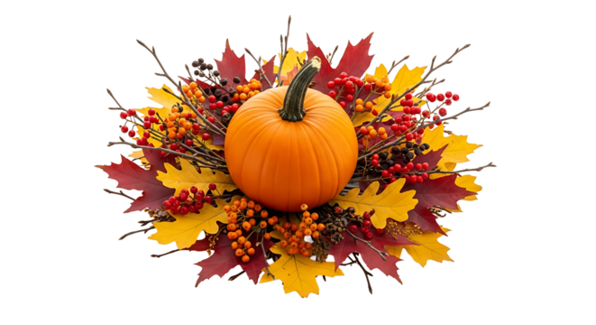 A pumpkin surrounded by autumn leaves, berries, and twigs arranged in a circular pattern for decoration