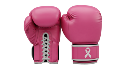 Two pink boxing gloves with a ribbon symbol for breast cancer awareness on a neutral surface
