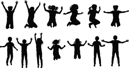 Children jumping silhouette, kids playing outdoors, fun activity, happy childhood moments, energetic movement, active lifestyle, freedom, joy, celebration, exercise illustration