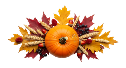 An orange pumpkin surrounded by fall foliage, wheat, berries, and acorns in a festive arrangement