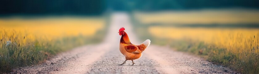Cute free-range chicken standing in the middle of a rural country dirt road surrounded by green fields and yellow wildflowers on a sunny day