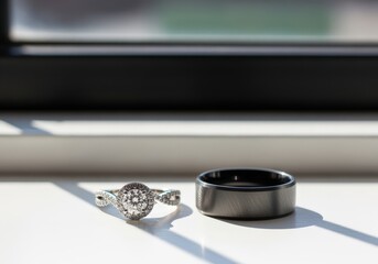 Sparkling Diamond Engagement Ring and Modern Band