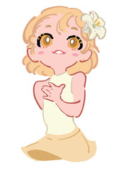 頭に花飾りを付けた健気な女の子のイラスト 白 黄色