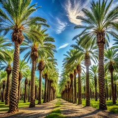 Obraz premium Pathway Through Palm Trees with Bright Blue Sky and Clouds