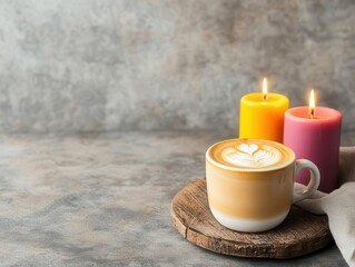 Cozy coffee cup with latte art on a round wooden board surrounded by colorful candles on a textured background for relaxing morning or evening ambiance