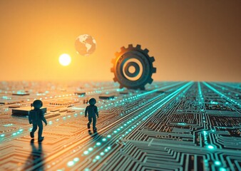Tiny figures explore a vast digital circuit board under an orange sky, with a large gear and globe symbolizing technological evolution.
