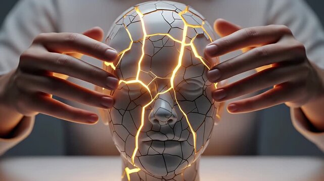 Hands healing a cracked porcelain face with golden light, symbolizing mental health recovery and kintsugi