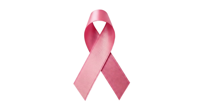 Isolated pink ribbon symbolizing breast cancer awareness on a plain surface in a studio shot