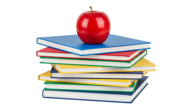 A stack of colorful books with a shiny red apple placed on top of the pile in a simple composition