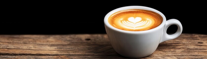 Close-up of a beautifully crafted heart-shaped latte art in a white ceramic cup on a rustic wooden surface, showcasing a warm coffee beverage for cafe or morning drink themes