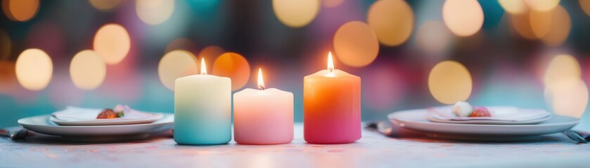 Elegant festive dinner table setup with colorful candles, plate settings, and blurred holiday lights background for celebration and seasonal decor