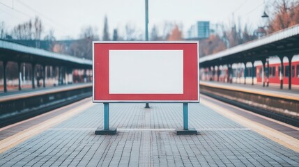 Empty billboard on a modern outdoor train station platform with colorful roofs and distant cityscape in bright daylight du clear weather