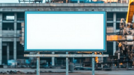 Large empty billboard on urban construction site with building scaffolding and machinery in the background du daytime for advertising or announcement purposes