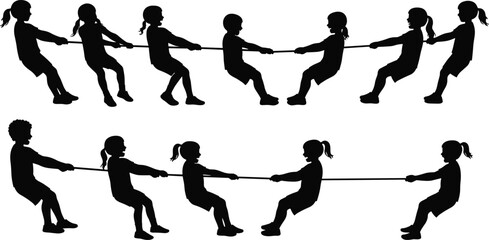 Children silhouette tug of war, kids playing rope game, teamwork concept, outdoor fun, black silhouette, sport activity, childhood play, competition