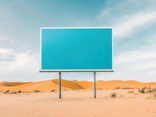 Large blank rectangular billboard sign in a desert landscape with sand dunes and a partly cloudy sky, ideal for advertising, announcement, or message display