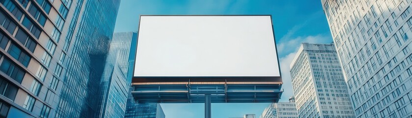 Modern corporate cityscape with large blank billboard surrounded by skyscrapers under blue sky and clouds for advertising or business background