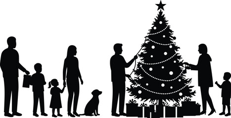 family decorating Christmas tree silhouette, children parents dog together, holiday celebration, winter season, festive decorations, black vector art, Christmas gifts