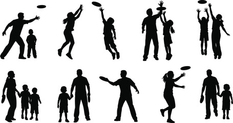 Family playing frisbee silhouette, parents and children outdoor activity, fun exercise, group game, healthy lifestyle, fitness sport, childhood playtime, leisure illustration