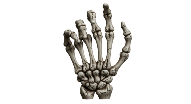 Illustration of a skeletal hand with visible cracks and shadow on a plain colored surface