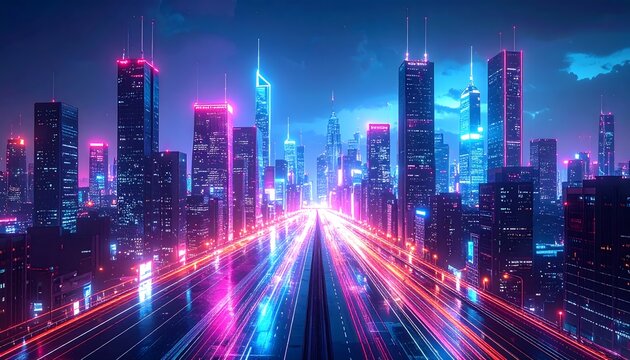 Neon Cityscape Futuristic Highway at Night - Powered by Adobe