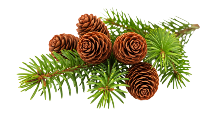 Arrangement of pine cones and a sprig of evergreen needles on a clean surface, studio shot, close up