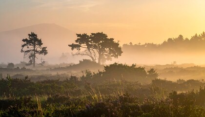 Misty sunrise over a heather moorland