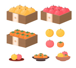 사과, 배, 감이 담긴 추석 명절 과일 선물세트와 나무 그릇 벡터 일러스트