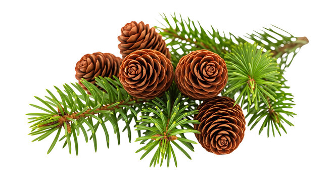 Arrangement of pine cones and a sprig of evergreen needles on a clean surface, studio shot, close up
