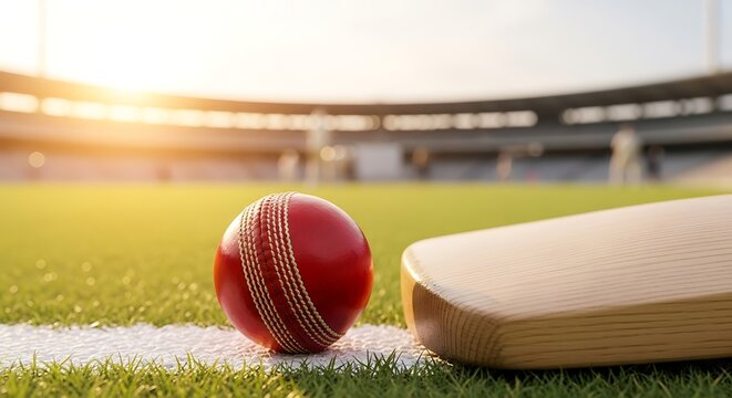 Cricket ball and bat resting on the pitch, sunlit stadium background.