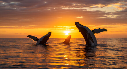 Fototapeta premium Blue whale jumping out of the water at sunset