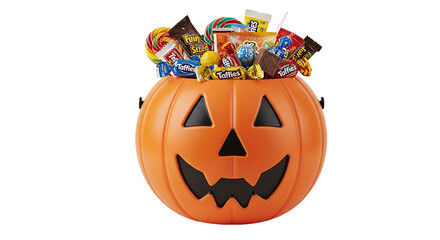 An orange pumpkin bucket filled with assorted candies like taffies and lollipops for halloween treats