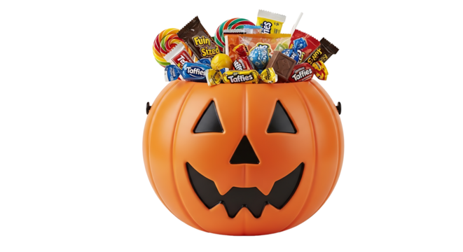 An orange pumpkin bucket filled with assorted candies like taffies and lollipops for halloween treats