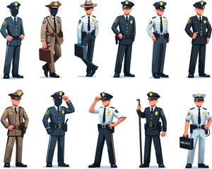 Cartoon police officers vector illustration set in tactical and patrol uniforms holding different firearms, pistols, rifles, and security shields with badges and hats for law and order enforcement des
